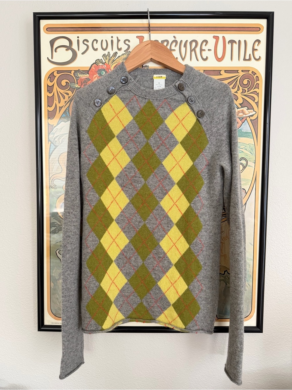 J. Crew Almost Vintage!  Women's Grey and Yellow Argyle Cashmere Sweater - XS